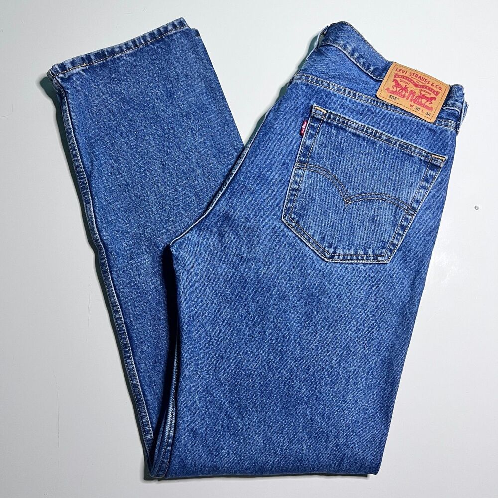 Levis 505 Jeans Mens 36x34 Blue Denim Regular Fit Straight Leg Medium Stone Wash